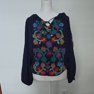 Soft Surroundings Navy Floral Embroidered Blouse